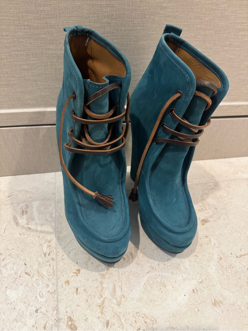 DSQUARED2 Teal Suede Platform Lace-Up Ankle Booties with Brown Laces